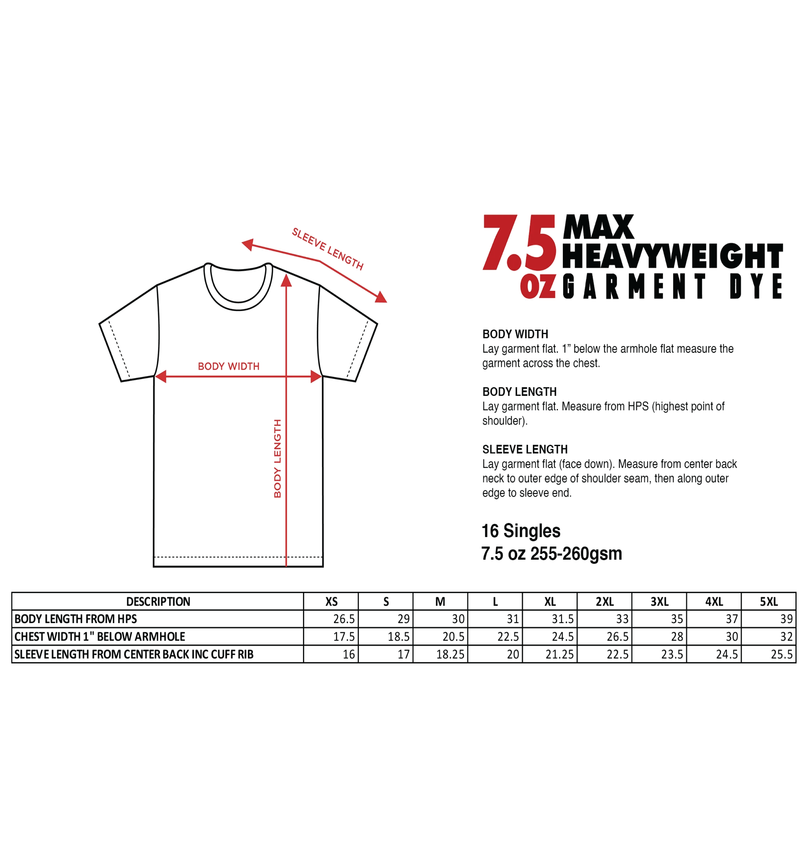 Measurement chart for a t-shirt with dimensions and weight information on a white background