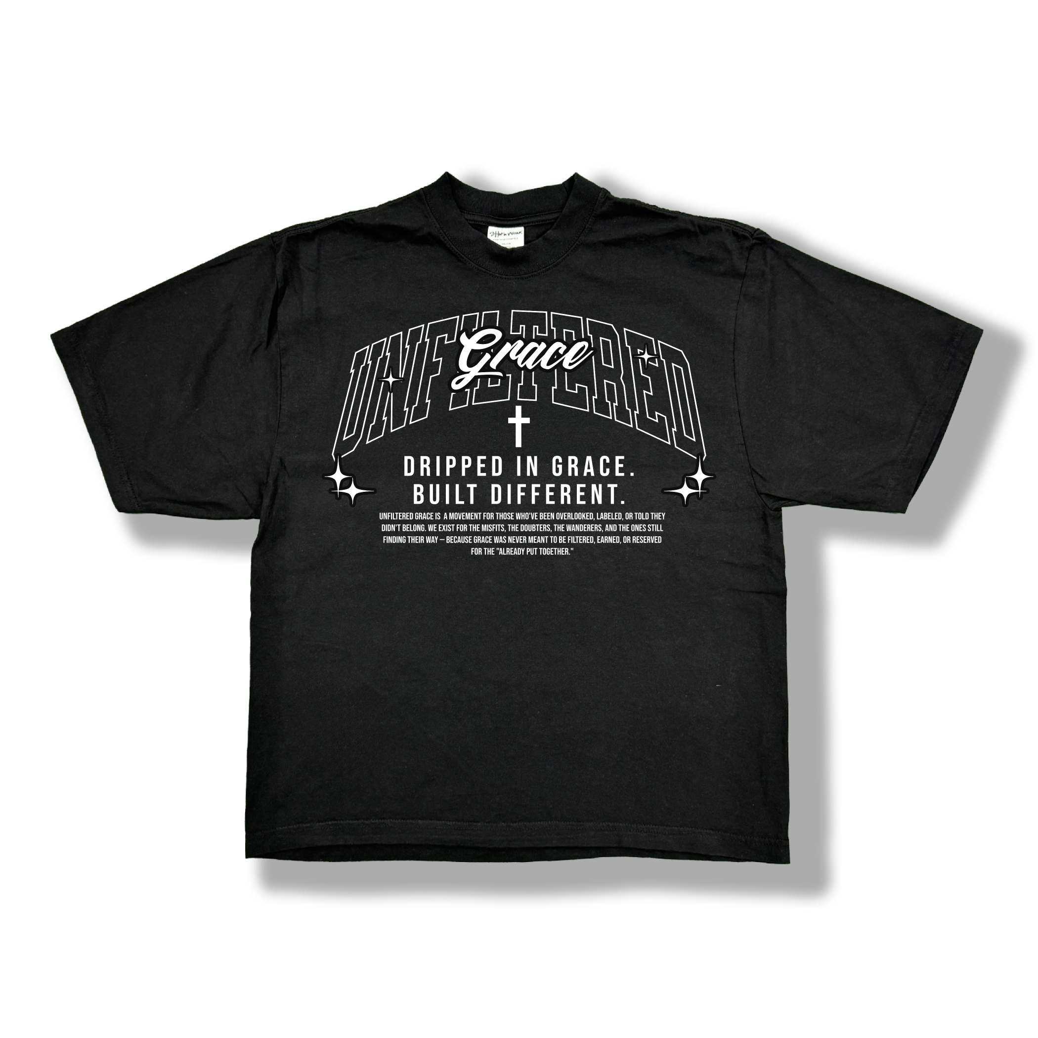 Black t-shirt with white text and graphics on a white background