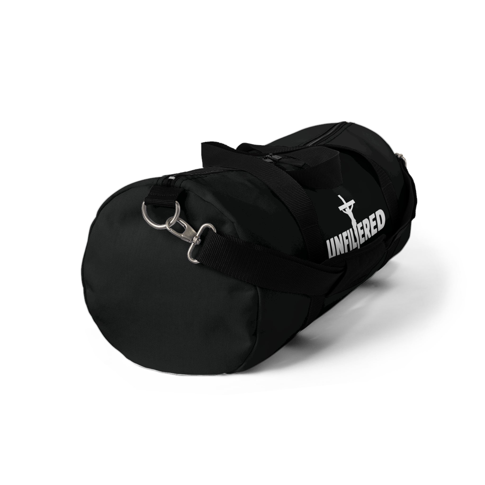 Black duffel bag with 'UNFILTERED GRACE' branding on a white background