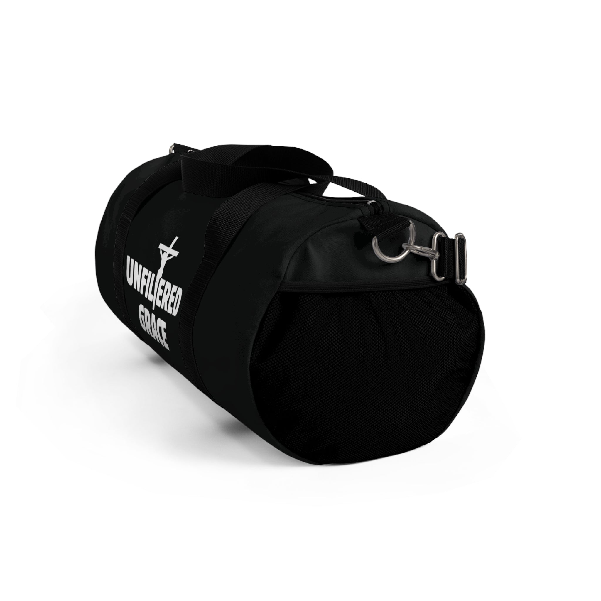 Black duffel bag with 'UNFILTERED GRACE' text on a white background