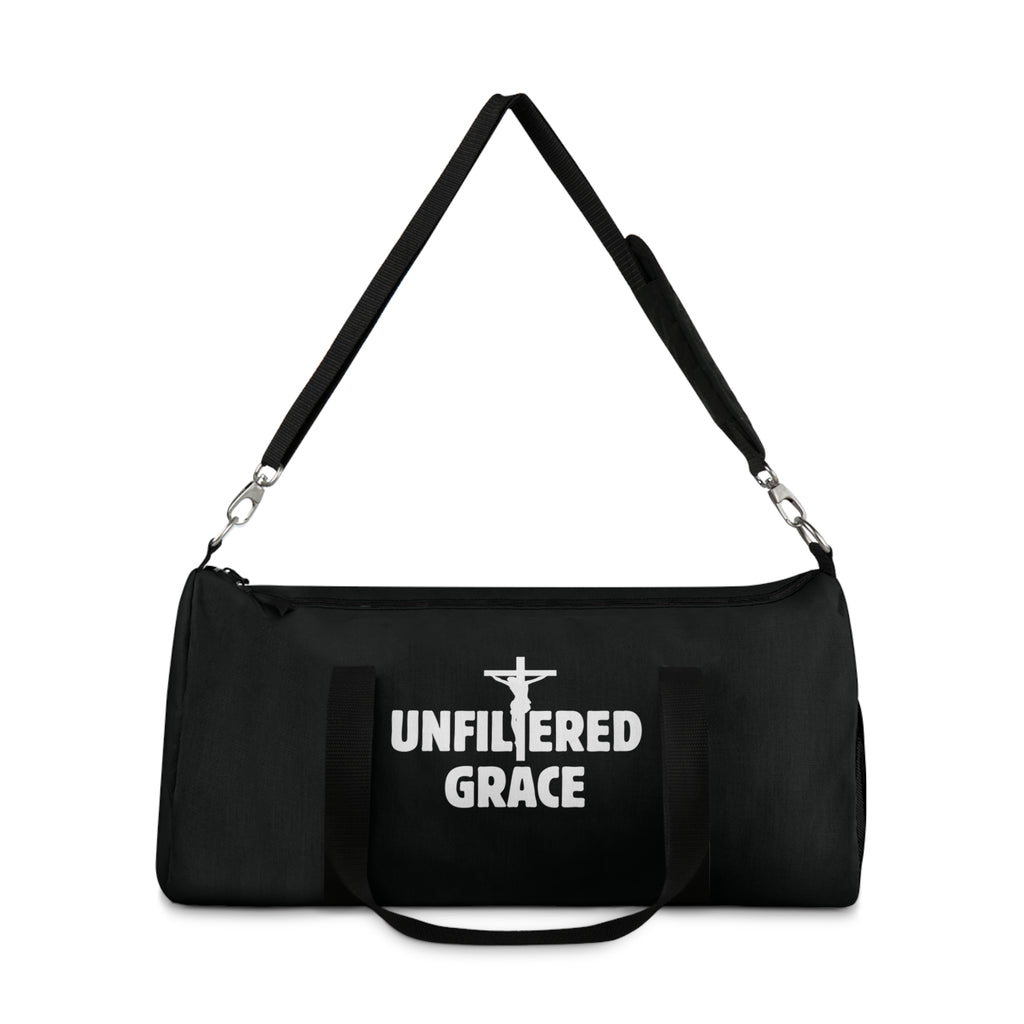 Black bag with 'Unfiltered Grace' text on a white background