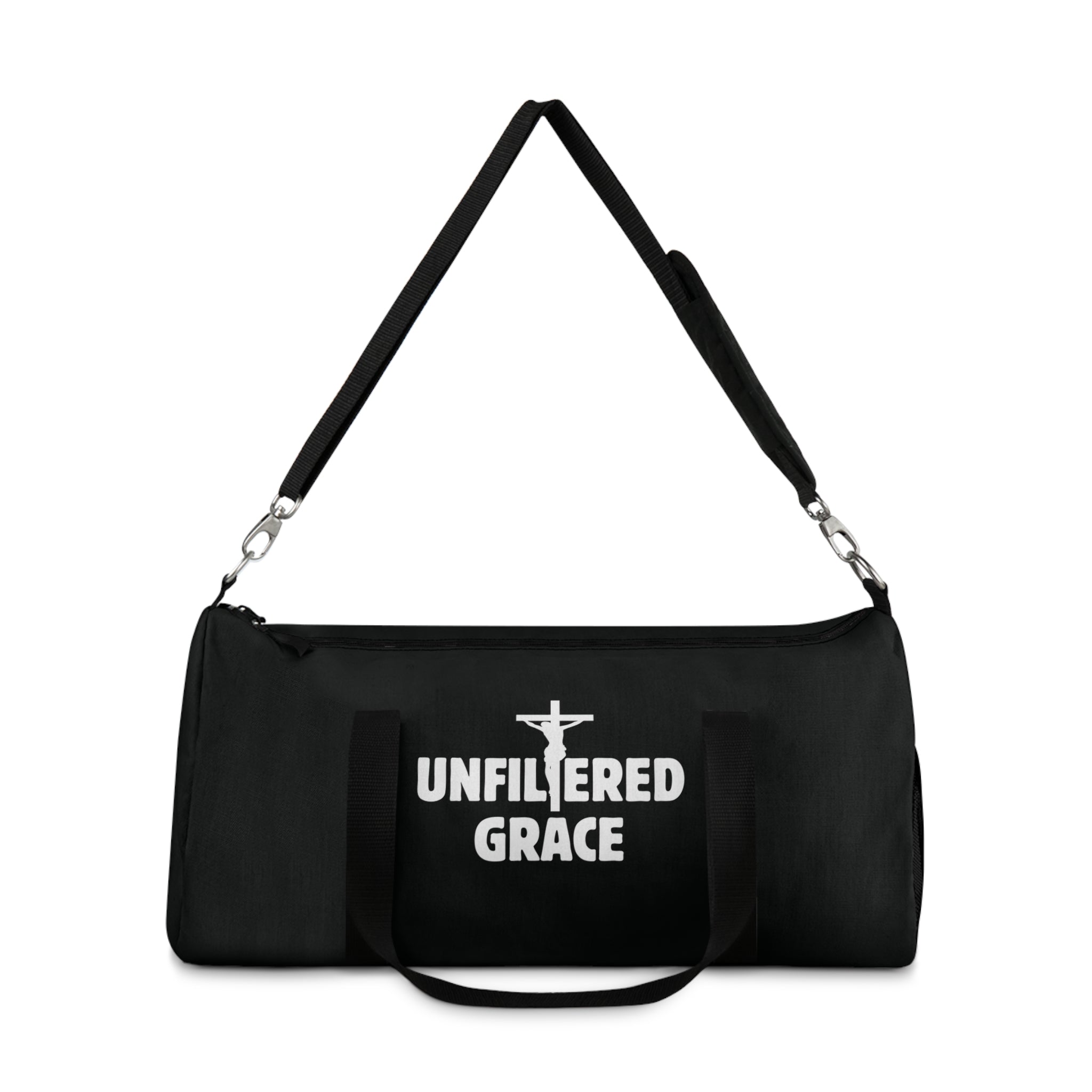 Black bag with 'Unfiltered Grace' text on a white background