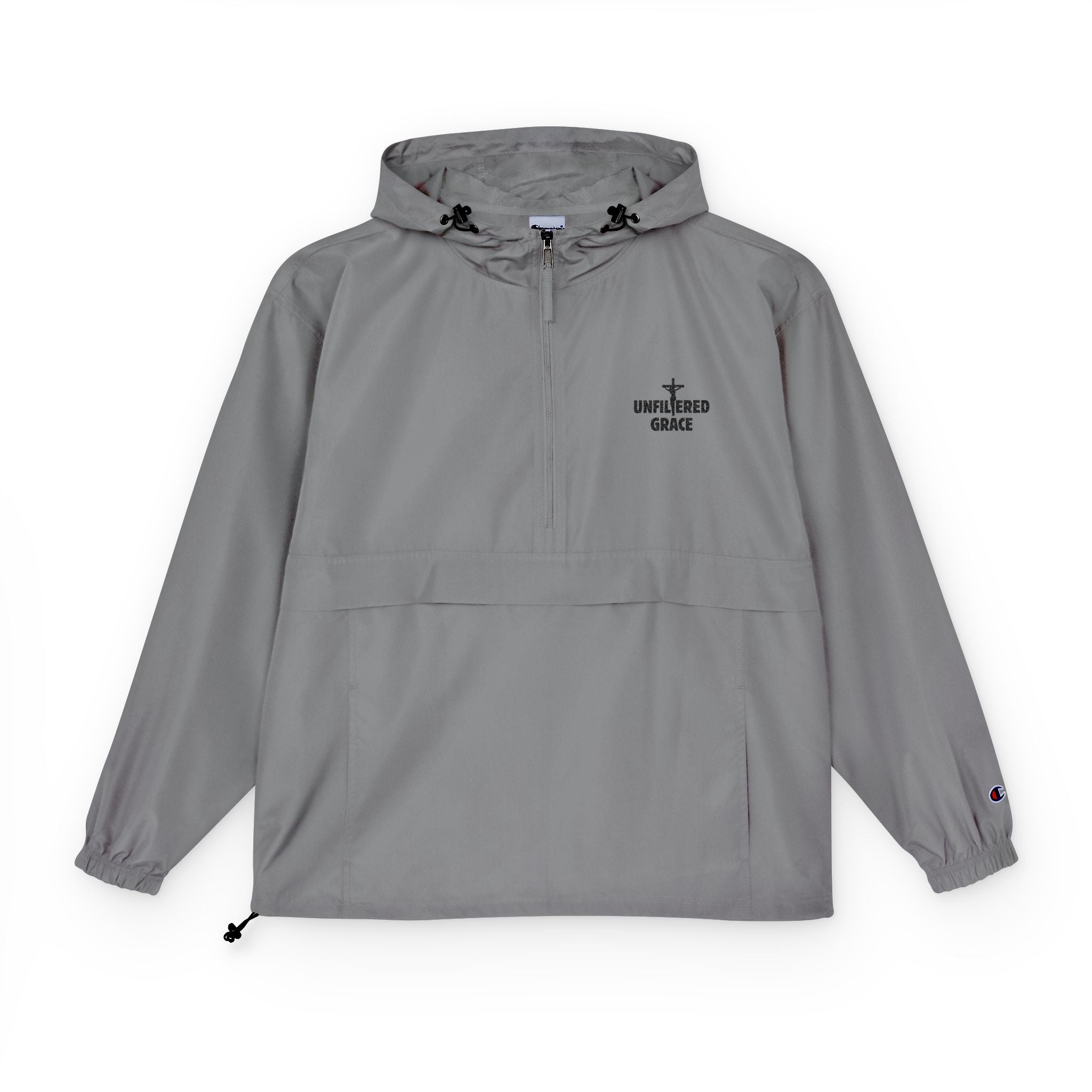 Graphite anorak pullover jacket with a black 'Unfiltered Grace' logo