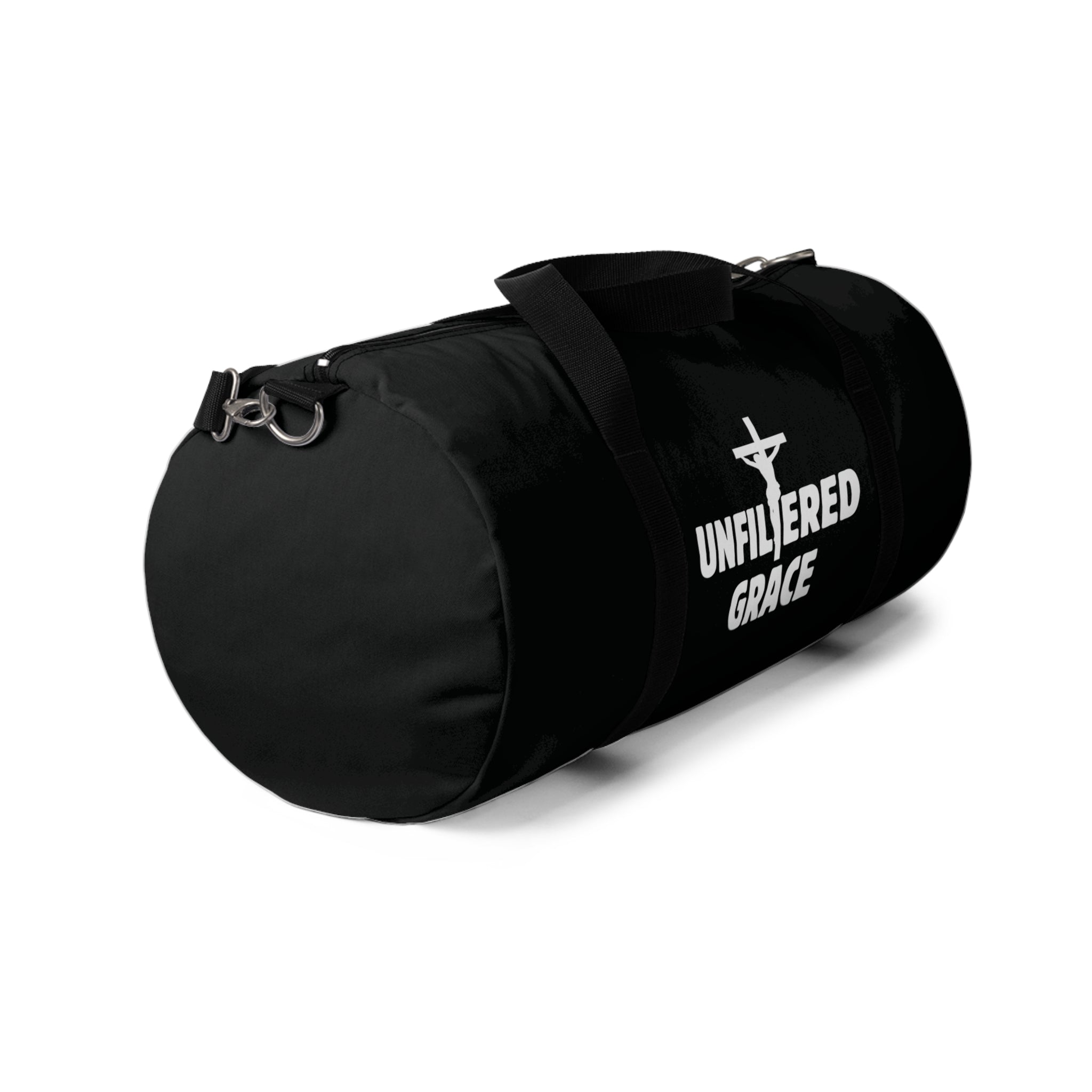 Black duffel bag with 'Unfiltered Grace' text on a white background