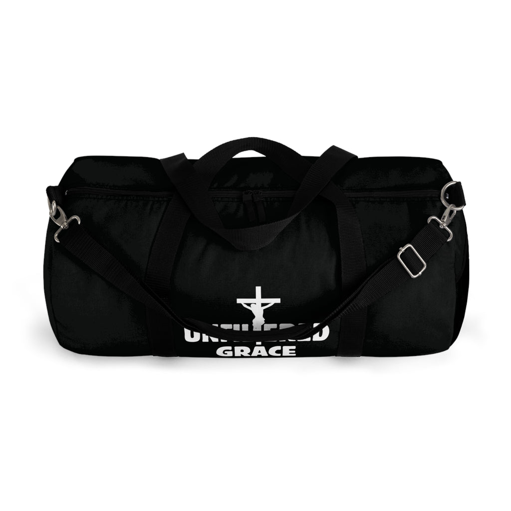 Black duffel bag with 'Unfiltered Grace' text and logo on a white background