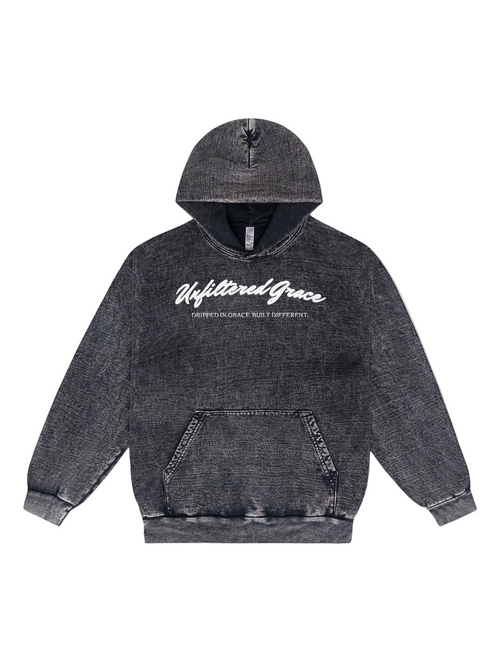 Carbon Black hoodie with white 'Unfiltered Grace' and 'Dripped in Grace. Built Different.' text