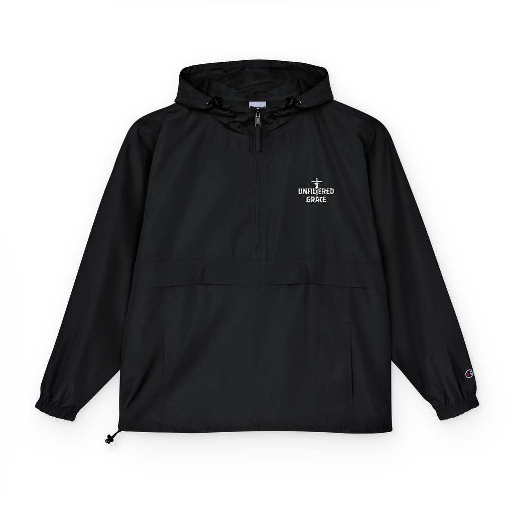 Black anorak pullover jacket with a white 'Unfiltered Grace' logo