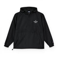 Black anorak pullover jacket with a white 'Unfiltered Grace' logo