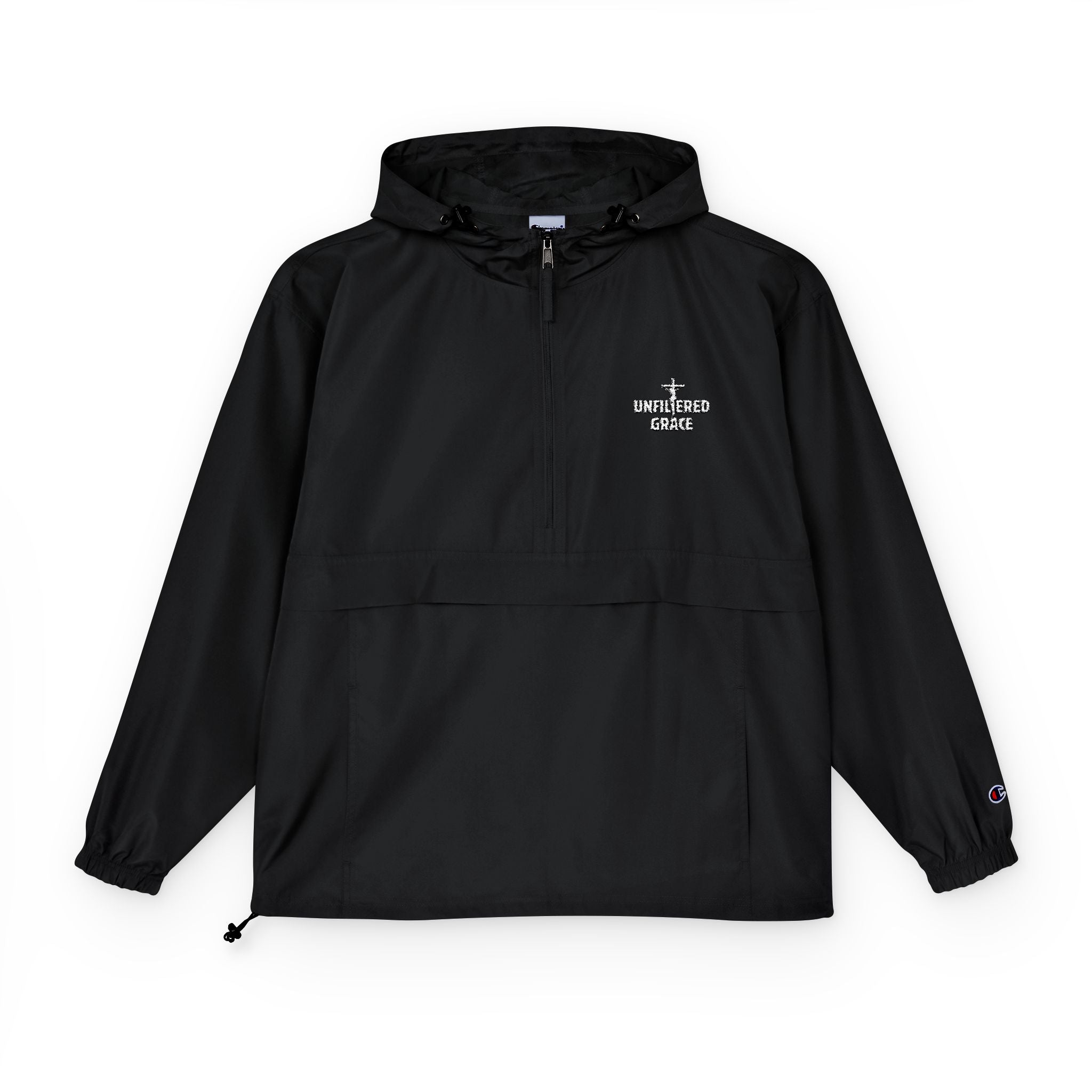 Black anorak pullover jacket with a white 'Unfiltered Grace' logo