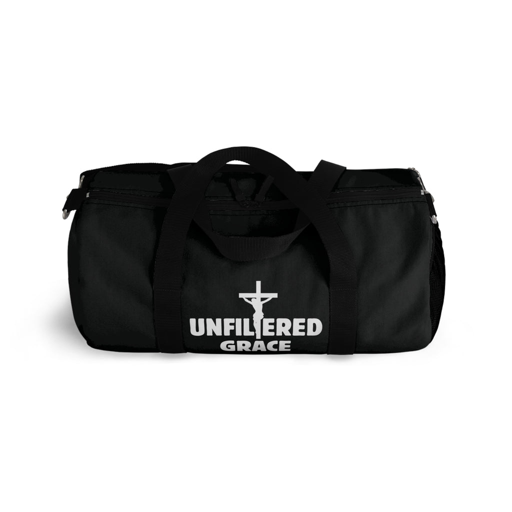 Black duffel bag with 'Unfiltered Grace' text on a white background