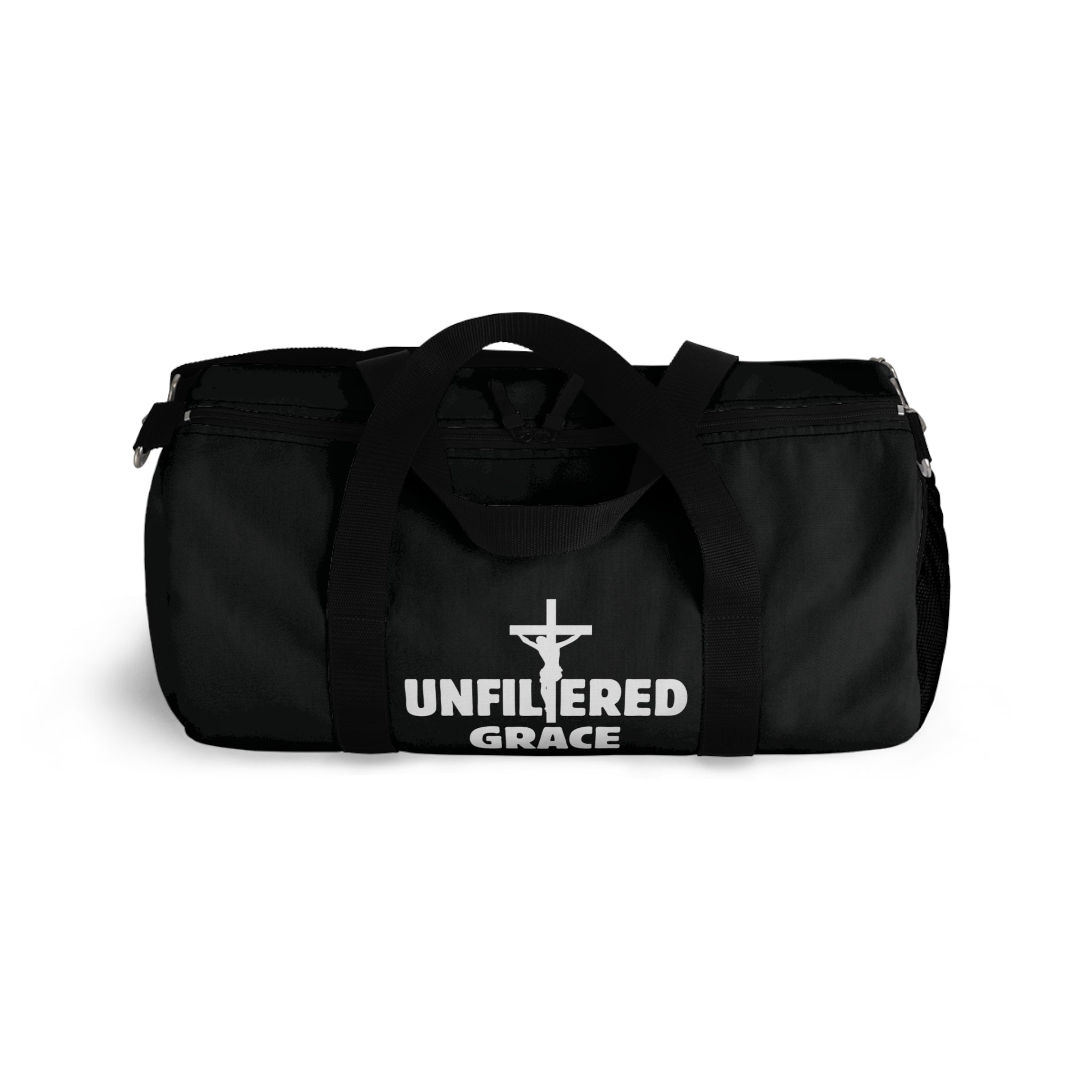 Black duffel bag with 'Unfiltered Grace' text on a white background
