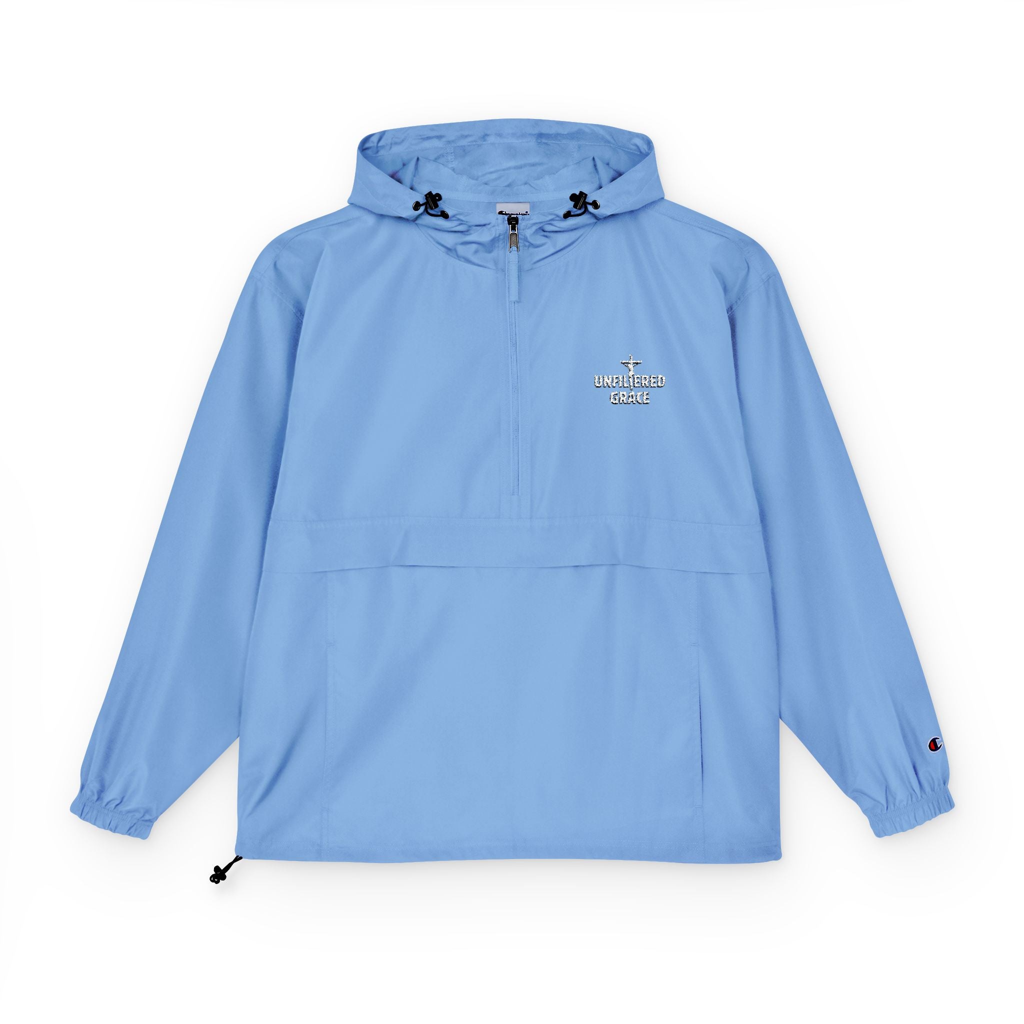 Light Blue anorak pullover jacket with a white 'Unfiltered Grace' logo