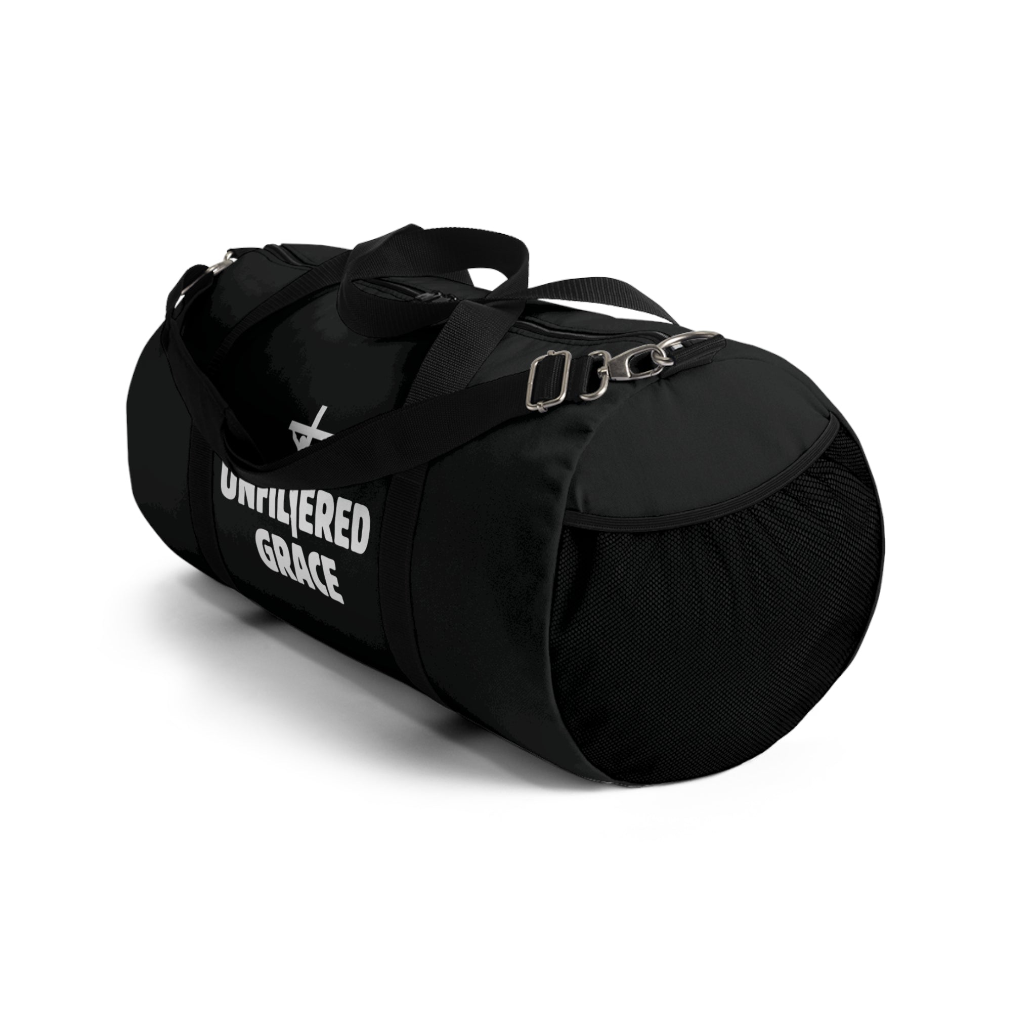 Black duffel bag with 'Unfiltered Grace' text on a white background