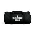 Black duffel bag with 'Unfiltered Grace' text on a white background