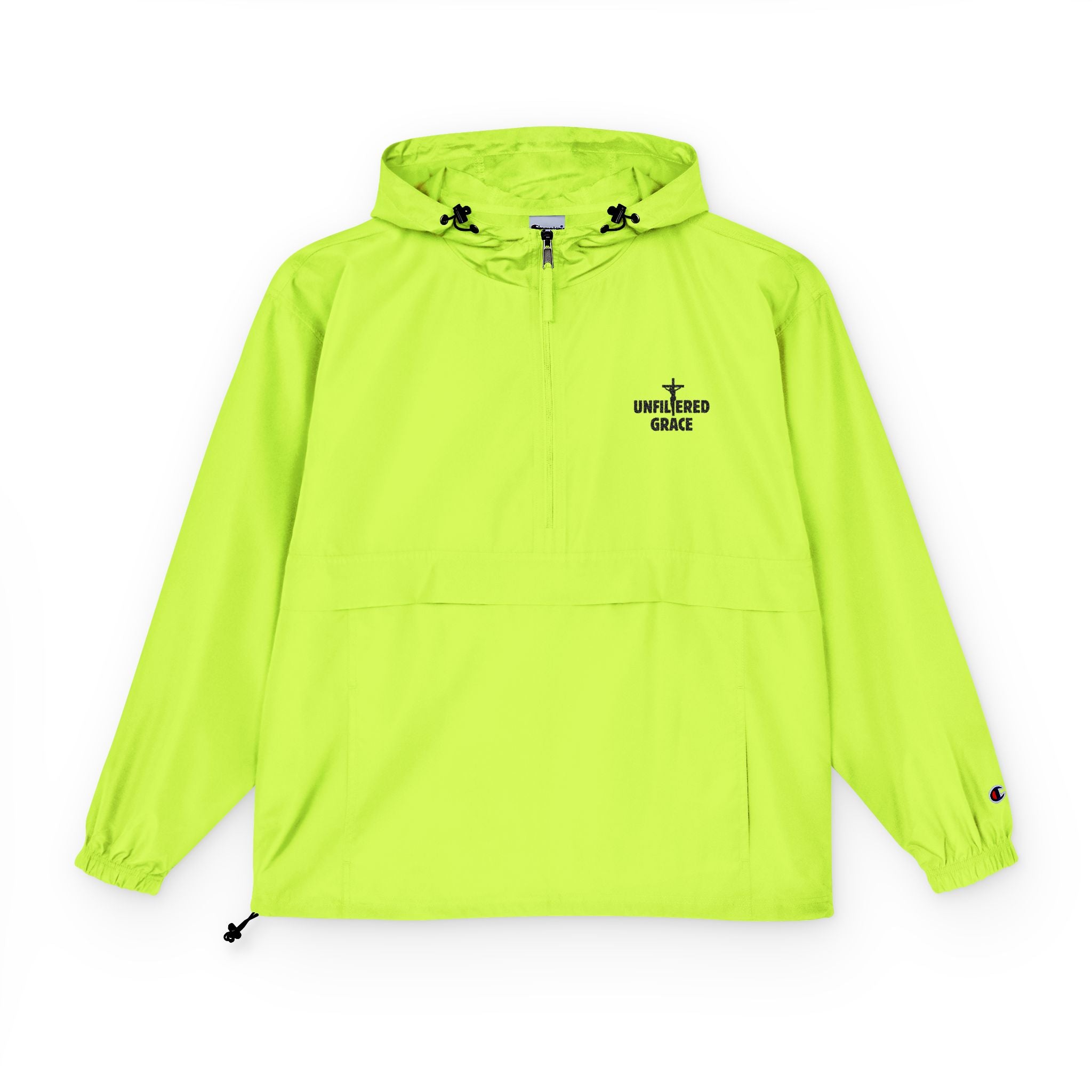 Safety Green anorak pullover jacket with a black 'Unfiltered Grace' logo