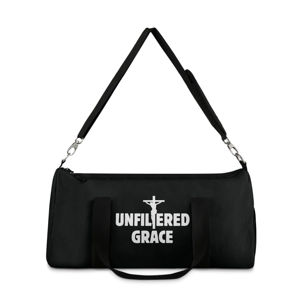 Black bag with 'Unfiltered Grace' text on a white background
