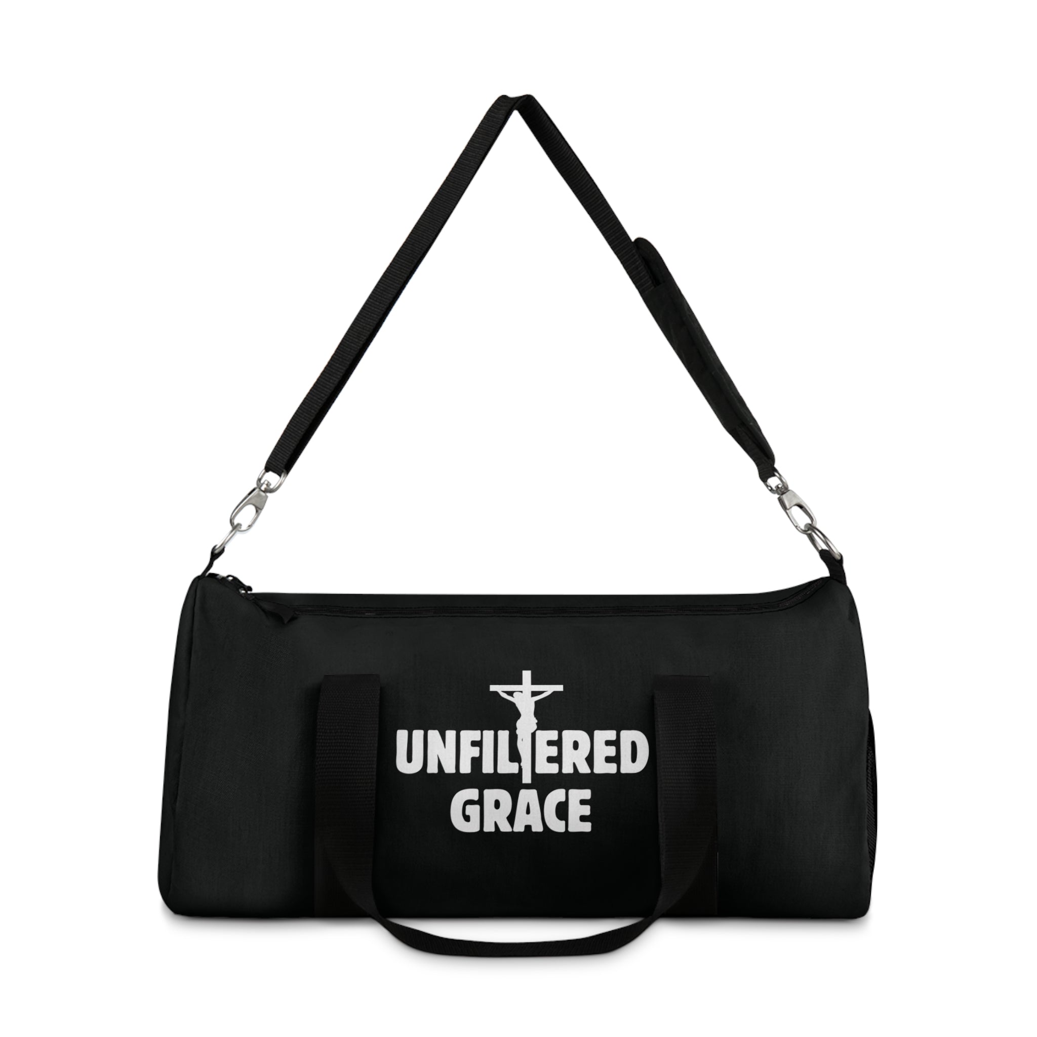Black bag with 'Unfiltered Grace' text on a white background