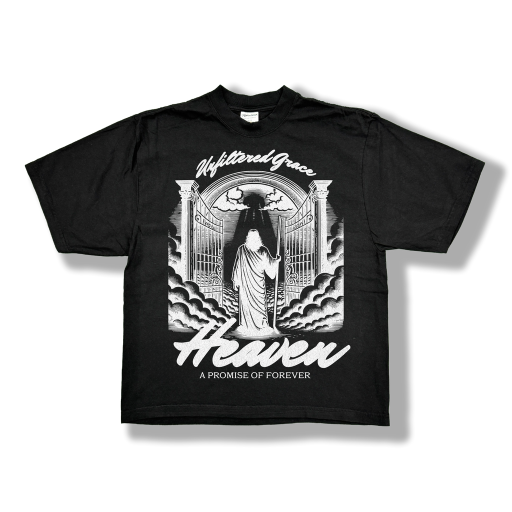 Black t-shirt with a graphic design of the gates of heaven and 'Unfiltered Grace' 'Heaven' 'A Promise of Forever' text