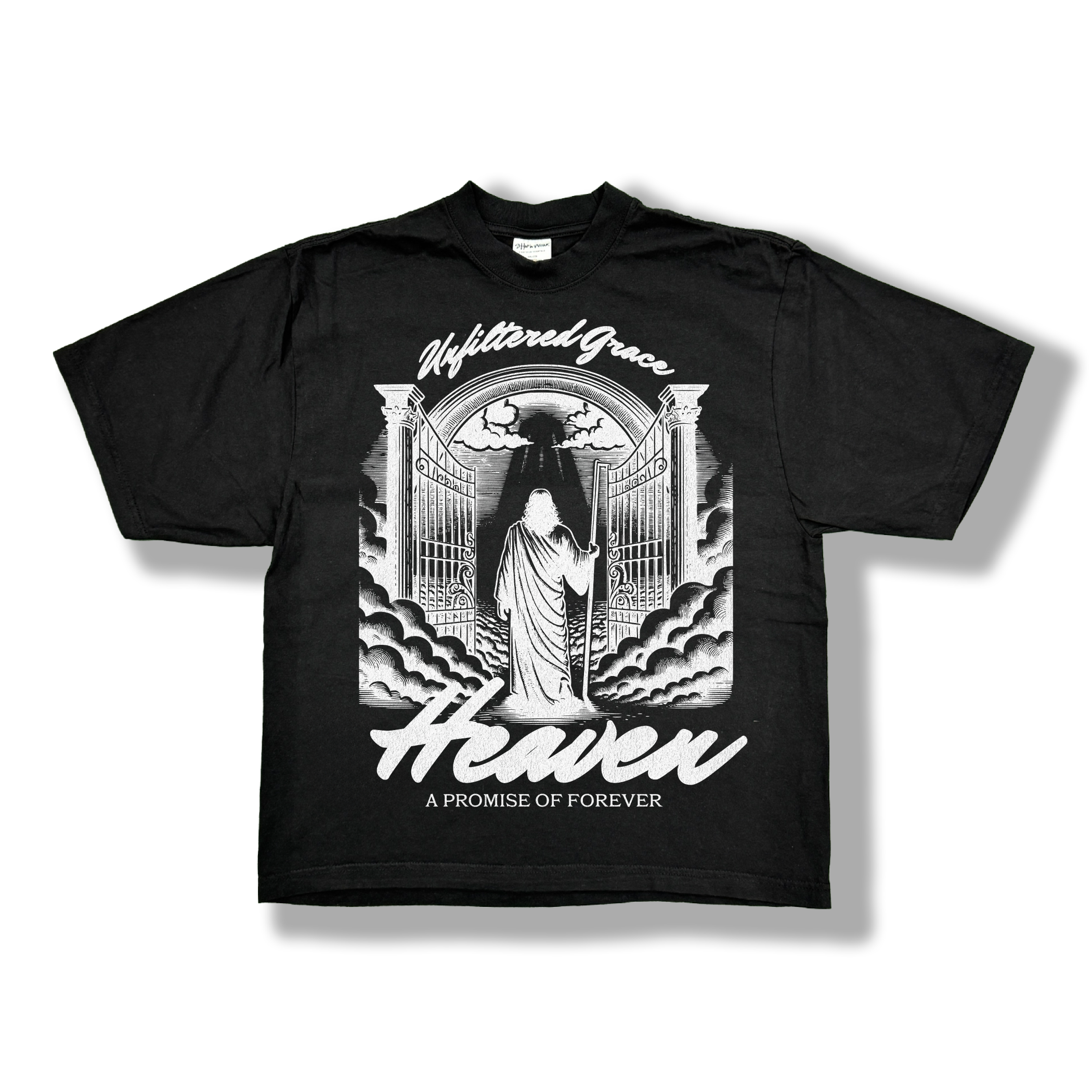 Black t-shirt with a graphic design of the gates of heaven and 'Unfiltered Grace' 'Heaven' 'A Promise of Forever' text