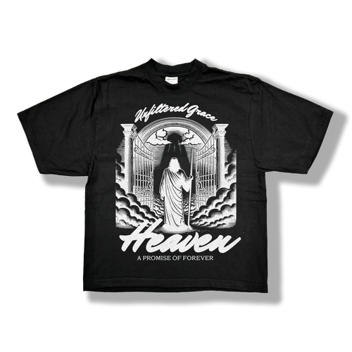 Black t-shirt with a graphic design of the gates of heaven and 'Unfiltered Grace' 'Heaven' 'A Promise of Forever' text