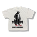 White t-shirt with graphic design of Jesus in modern streetwear with a silhouette of people following behind him and black 'Unfiltered Grace' text