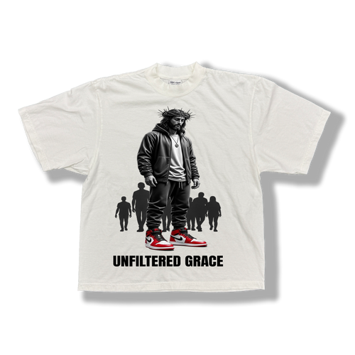 White t-shirt with graphic design of Jesus in modern streetwear with a silhouette of people following behind him and black 'Unfiltered Grace' text