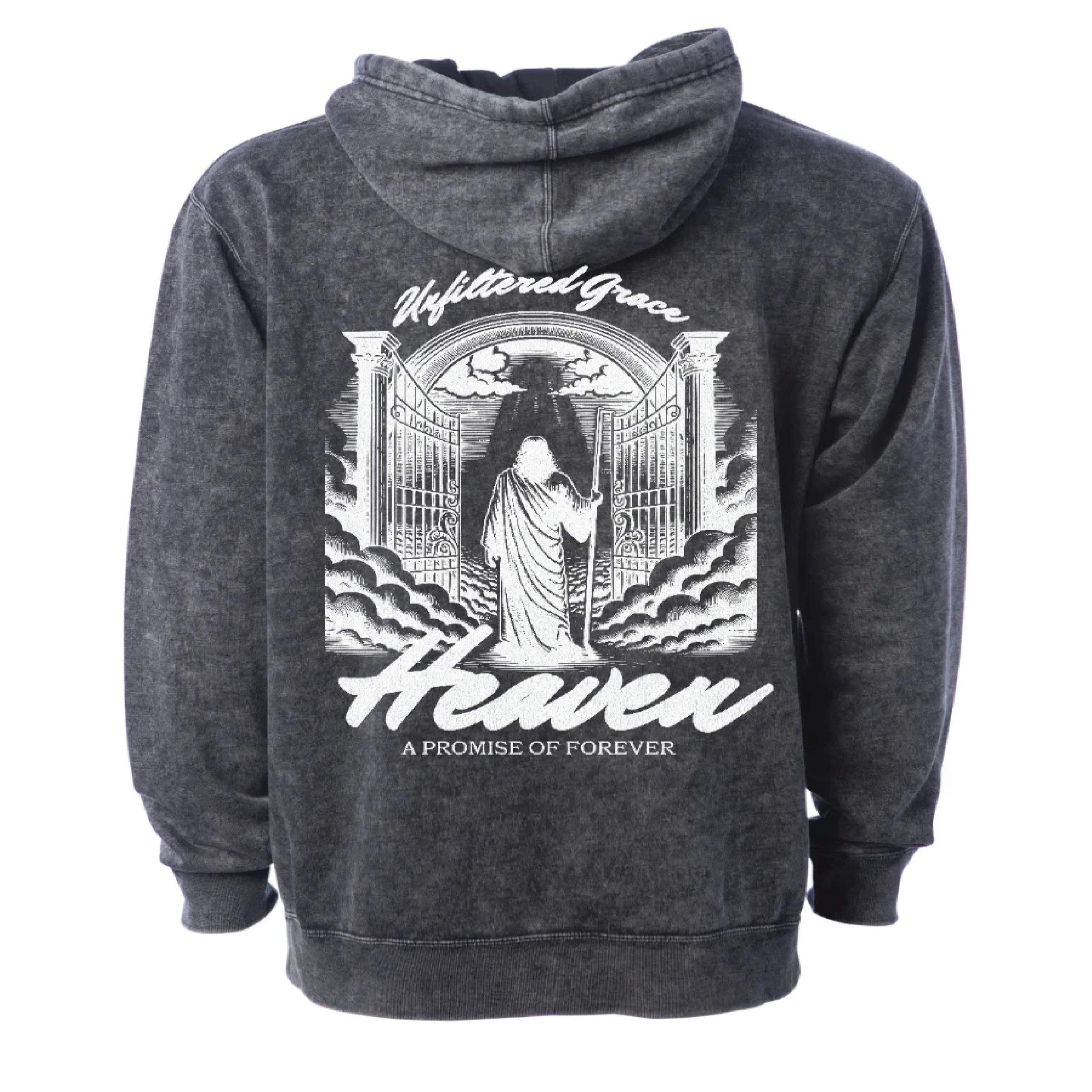 Carbon Black hoodie with white 'Unfiltered Grace' 'Heaven' and 'A Promise of Forever' text with a graphic of the gates of Heaven.