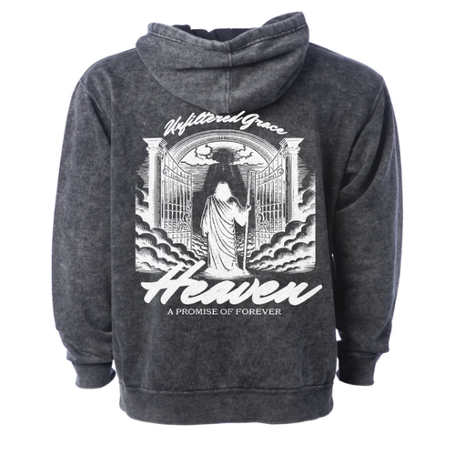 Carbon Black hoodie with white 'Unfiltered Grace' 'Heaven' and 'A Promise of Forever' text with a graphic of the gates of Heaven.