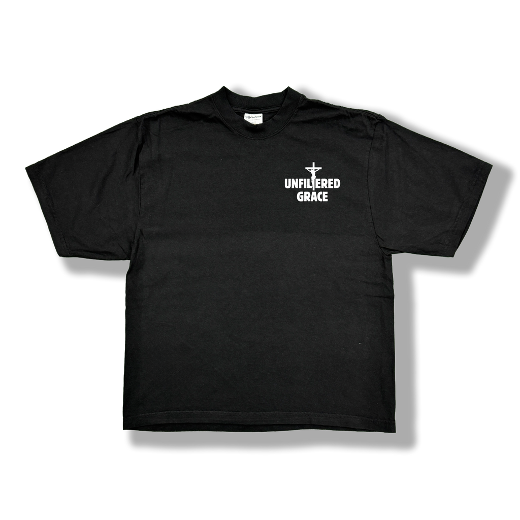 Black t-shirt with white 'Unfiltered Grace' logo