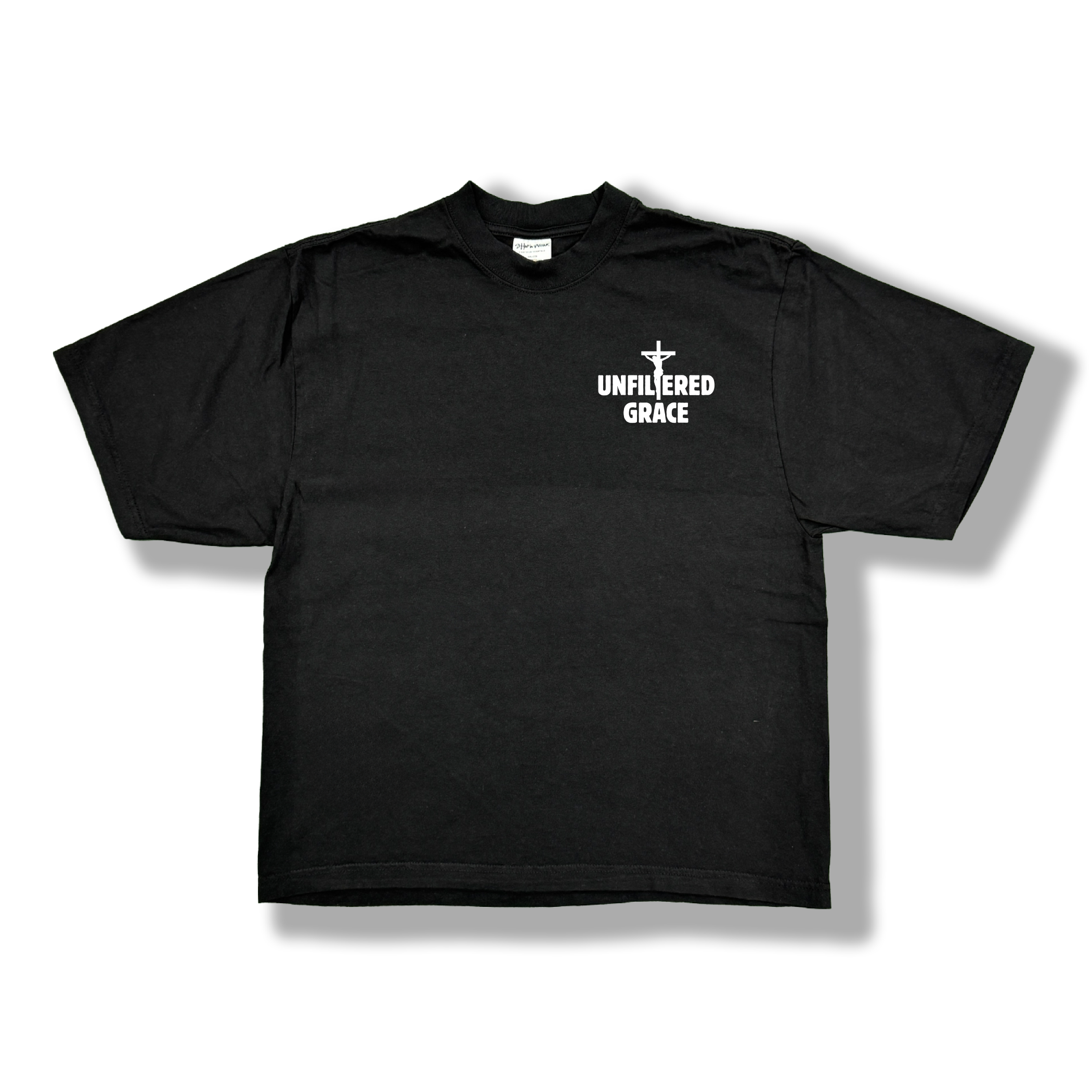 Black t-shirt with white 'Unfiltered Grace' logo
