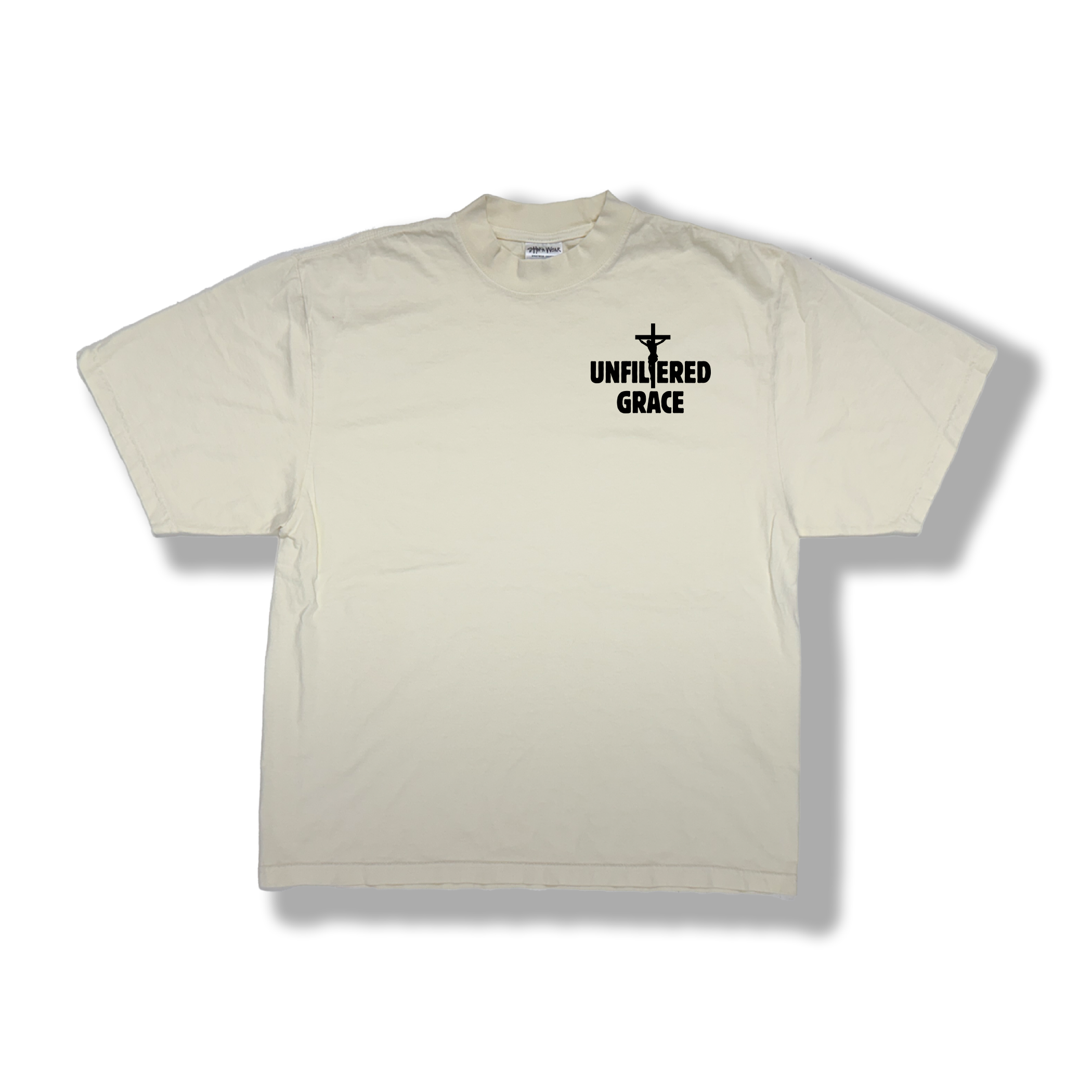 Cream t-shirt with black 'Unfiltered Grace' logo