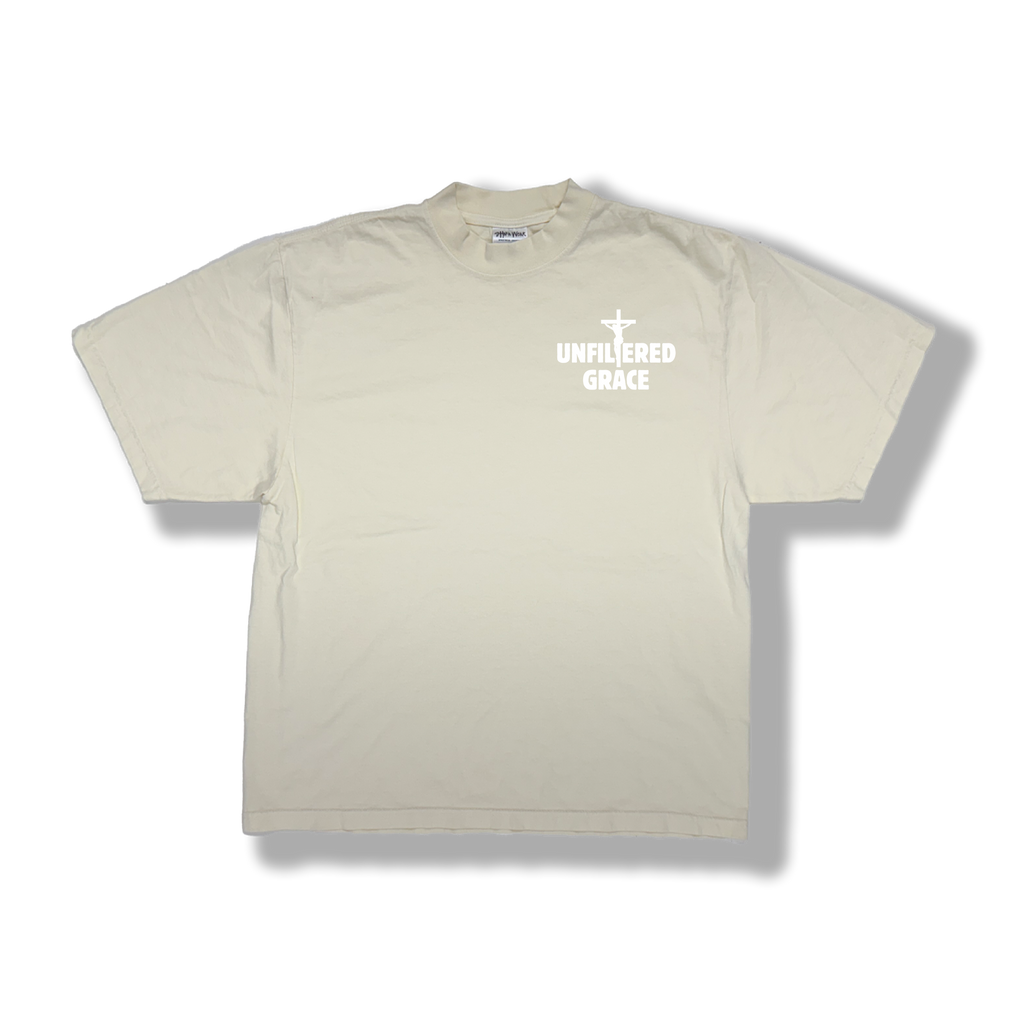 Cream t-shirt with white 'Unfiltered Grace' logo