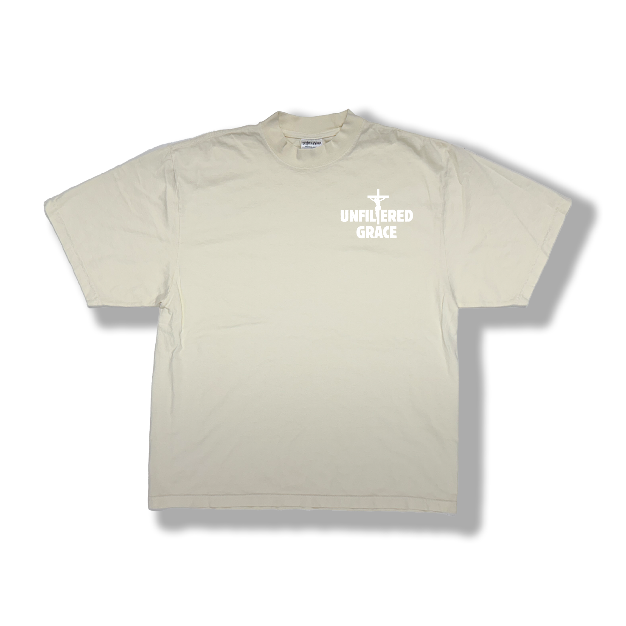 Cream t-shirt with white 'Unfiltered Grace' logo