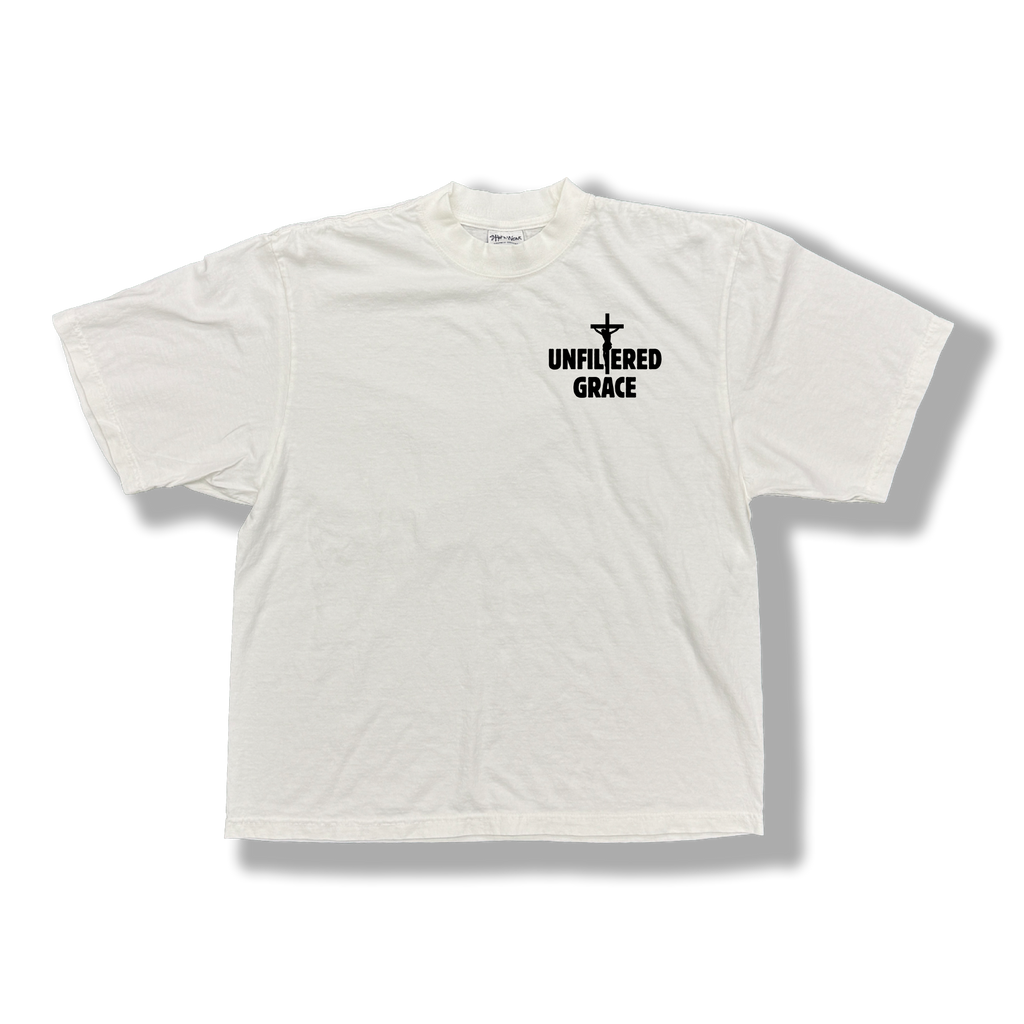 White t-shirt with black 'Unfiltered Grace' logo
