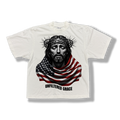 White t-shirt with a graphic of a Jesus wrapped with an American flag and black 'Unfiltered Grace' text 