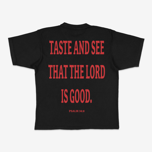 Black t-shirt with red text on a white background