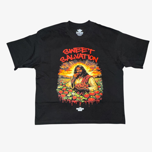 Black t-shirt with 'Sweet Salvation' graphic design featuring Jesus in a field of strawberries.