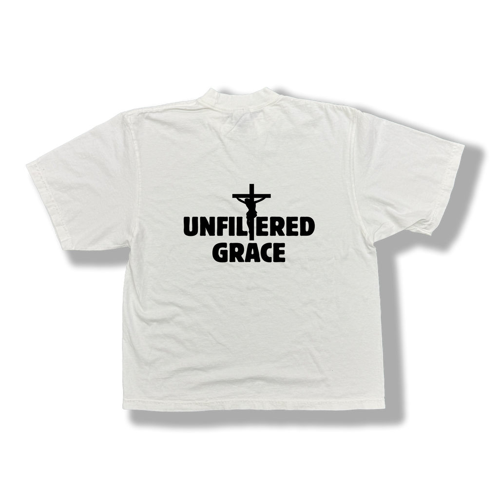 White t-shirt with black 'Unfiltered Grace' text and crucifix design 