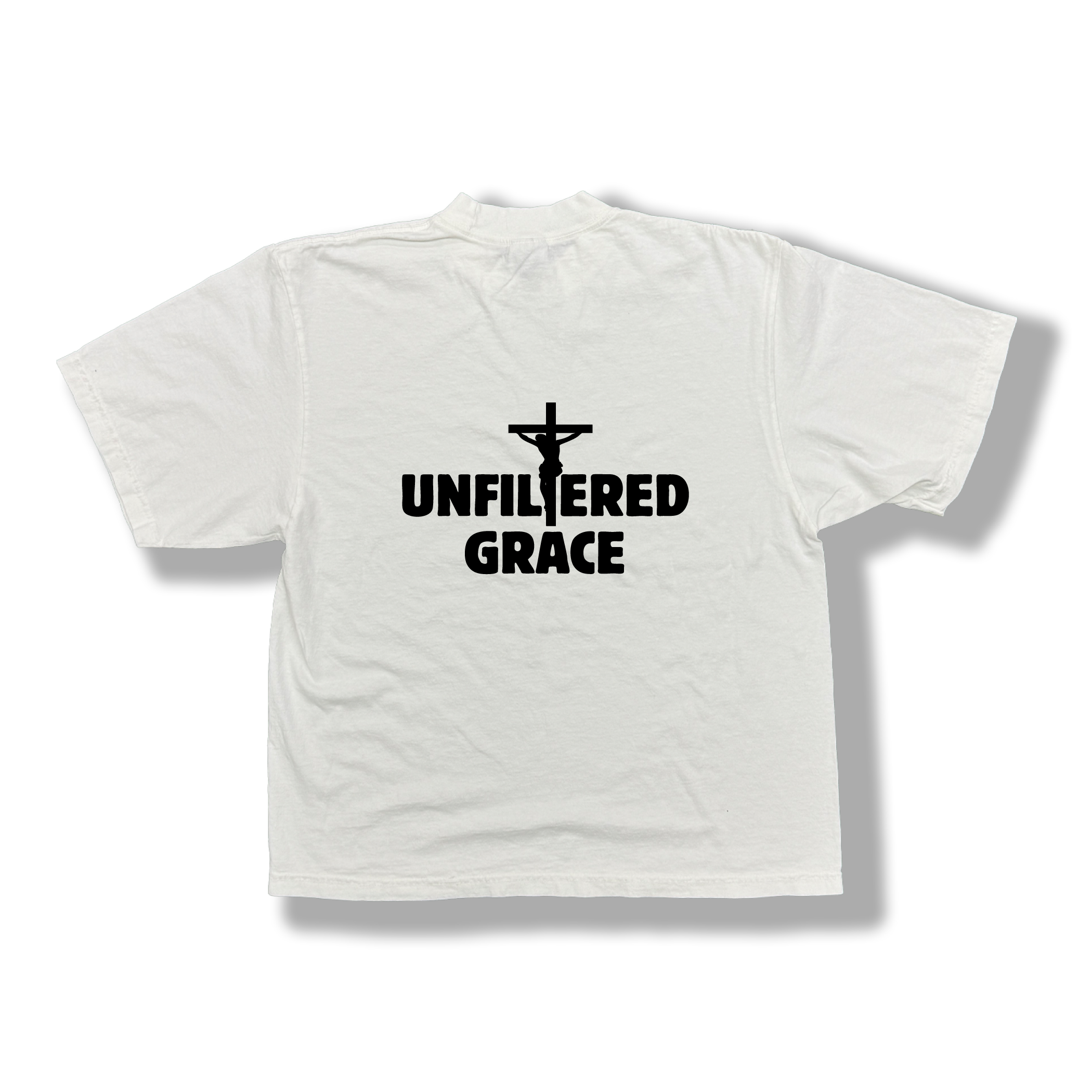 White t-shirt with black 'Unfiltered Grace' text and crucifix design 