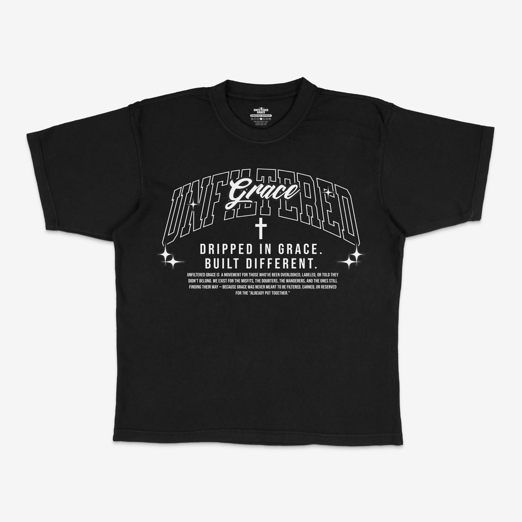 Black t-shirt with white text and graphics on a white background