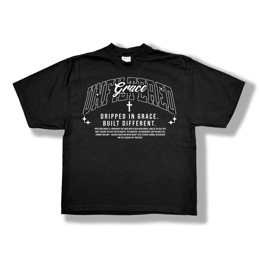 Black t-shirt with white text and graphics on a white background