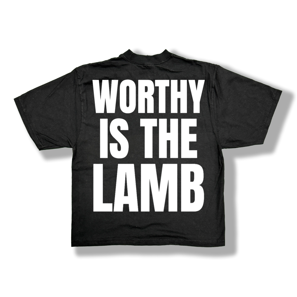 Black t-shirt with white 'Worthy is the Lamb' text