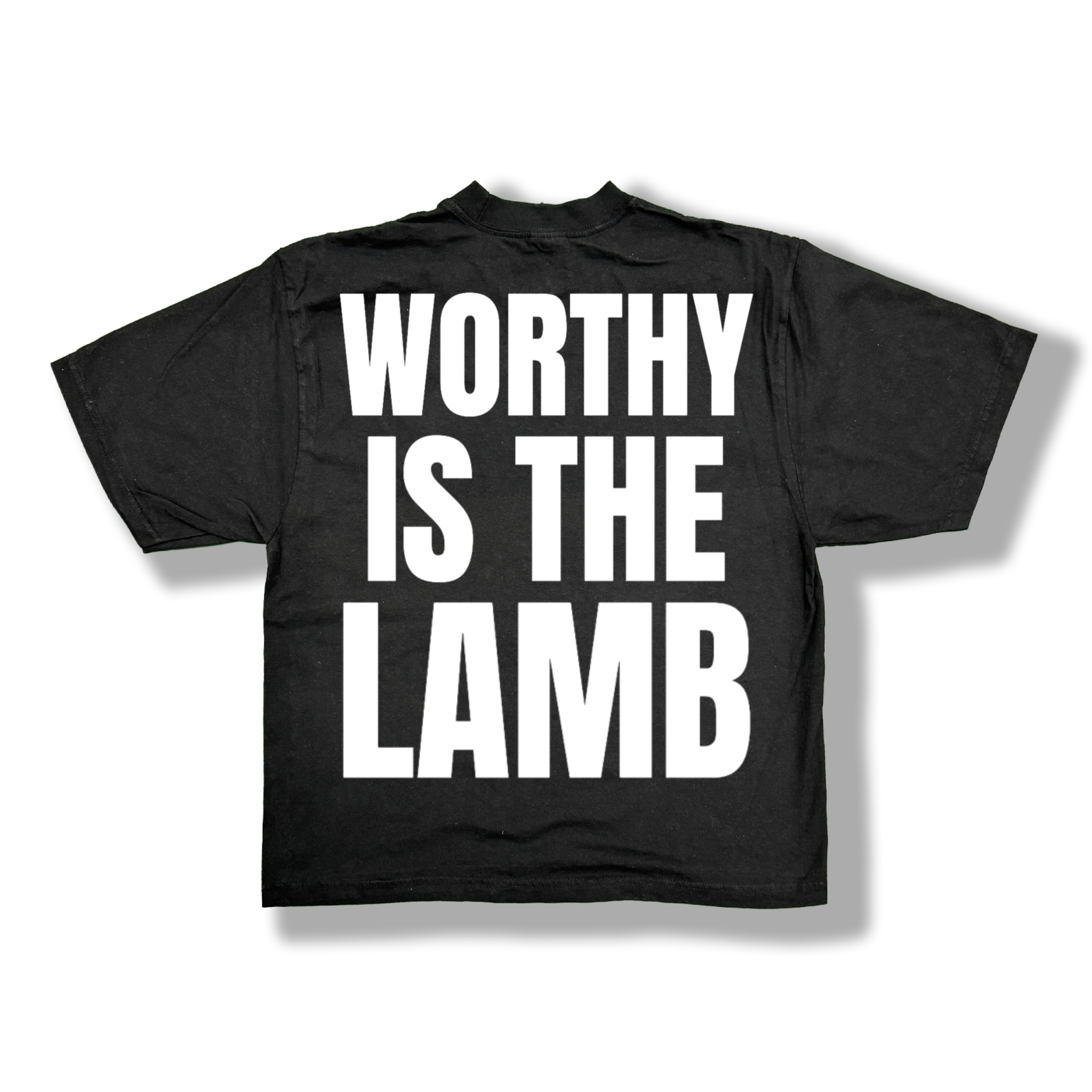 Black t-shirt with white 'Worthy is the Lamb' text