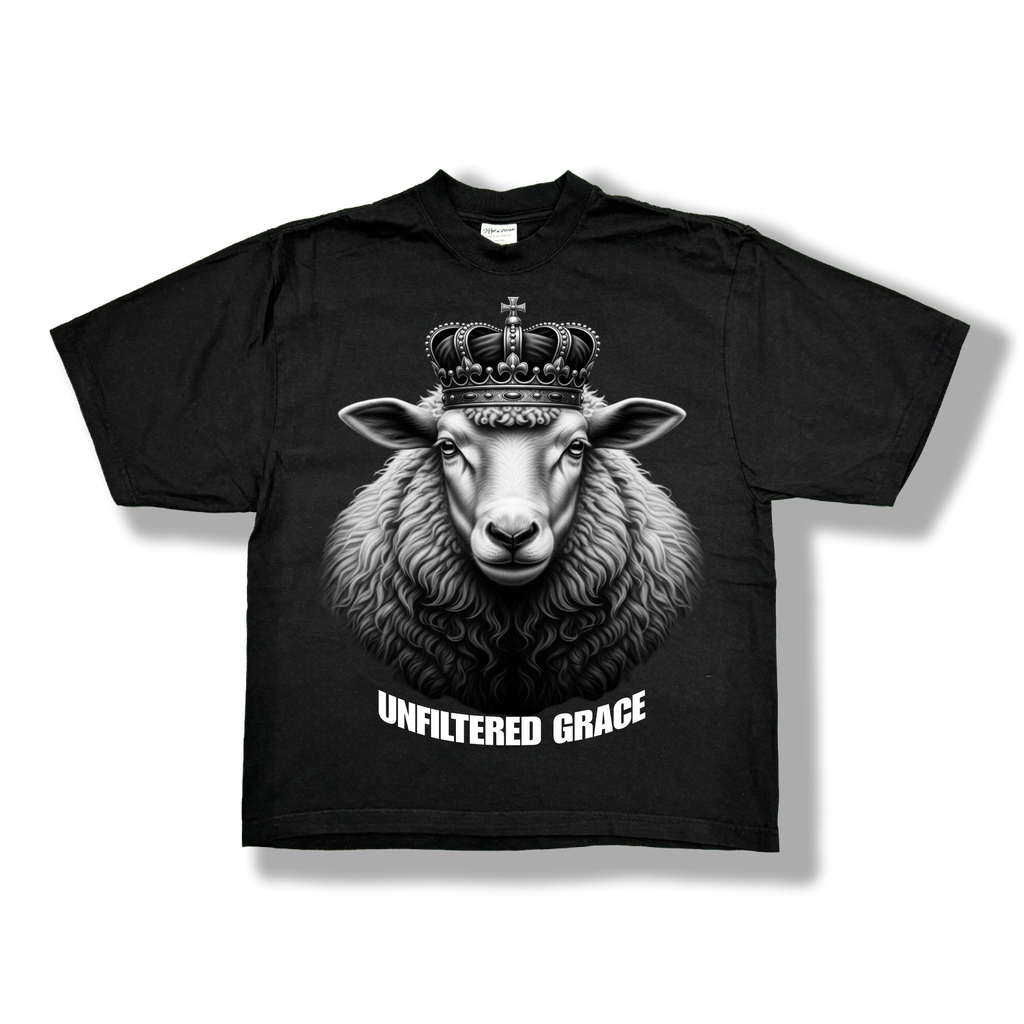 Black t-shirt with a sheep wearing a crown and white 'Unfiltered Grace' text