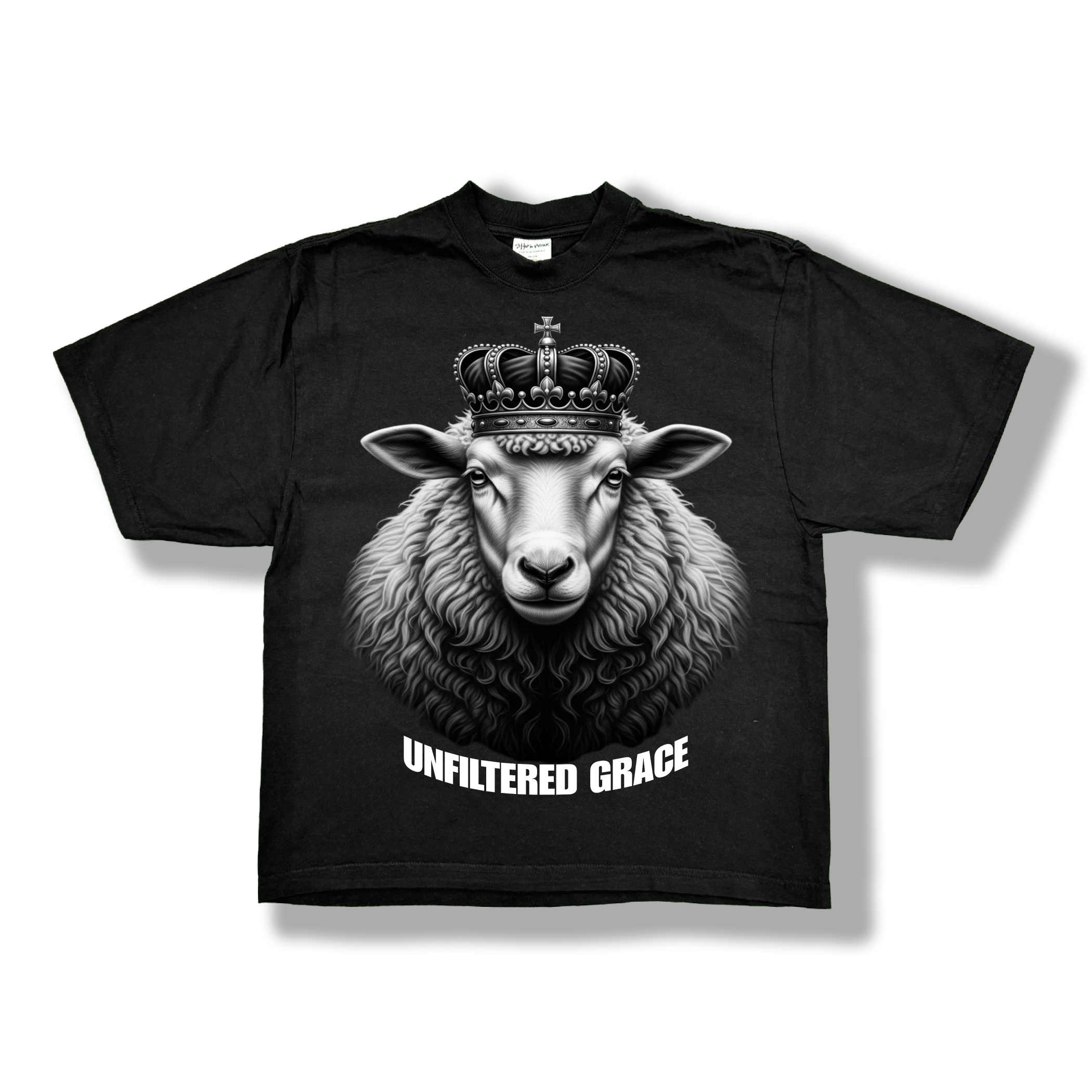 Black t-shirt with a sheep wearing a crown and white 'Unfiltered Grace' text