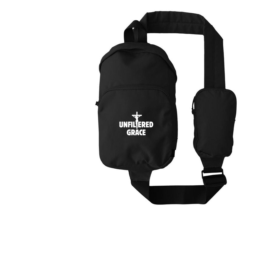 Black sling bag with 'UNFILTERED GRACE' text in white